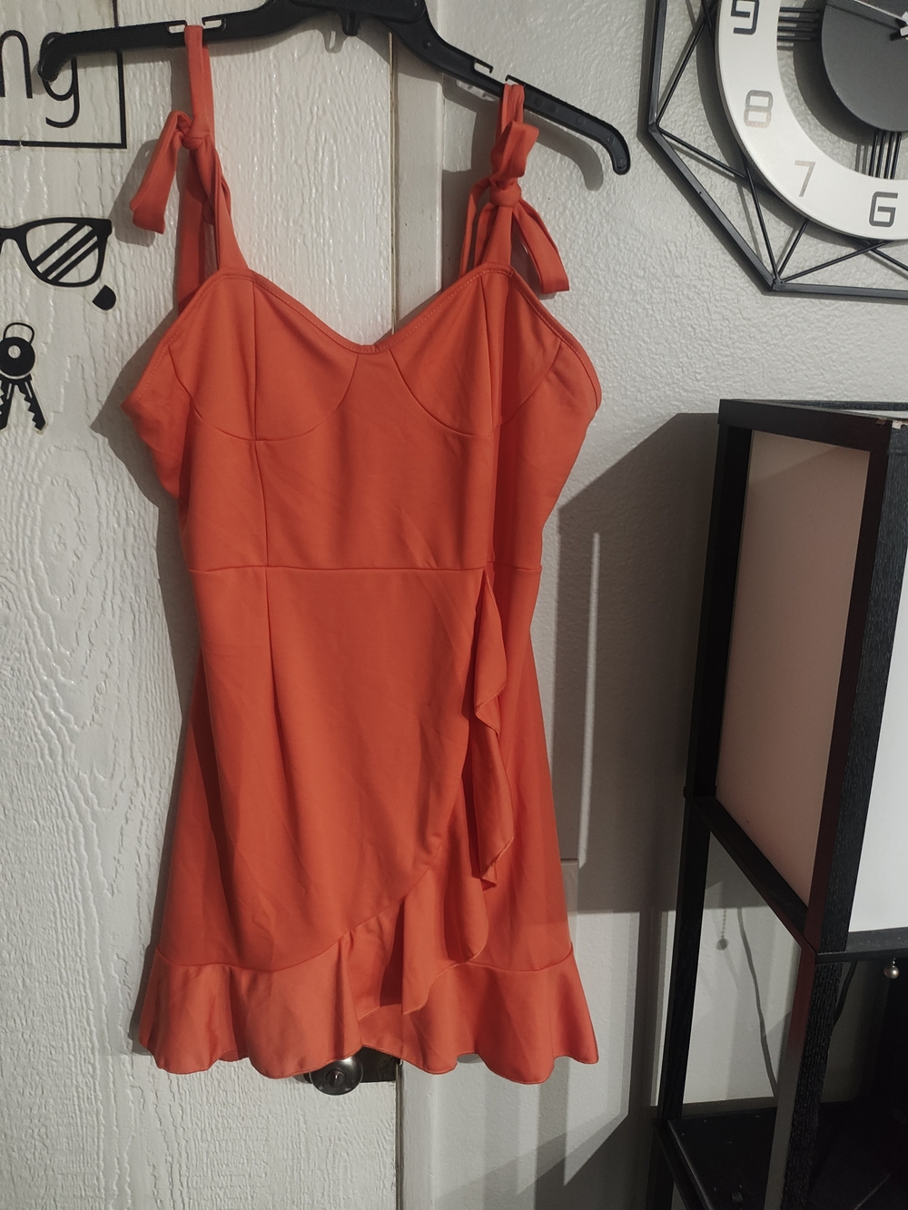 Tie-Shoulder Ruffle Mini Dress in Bright Orange